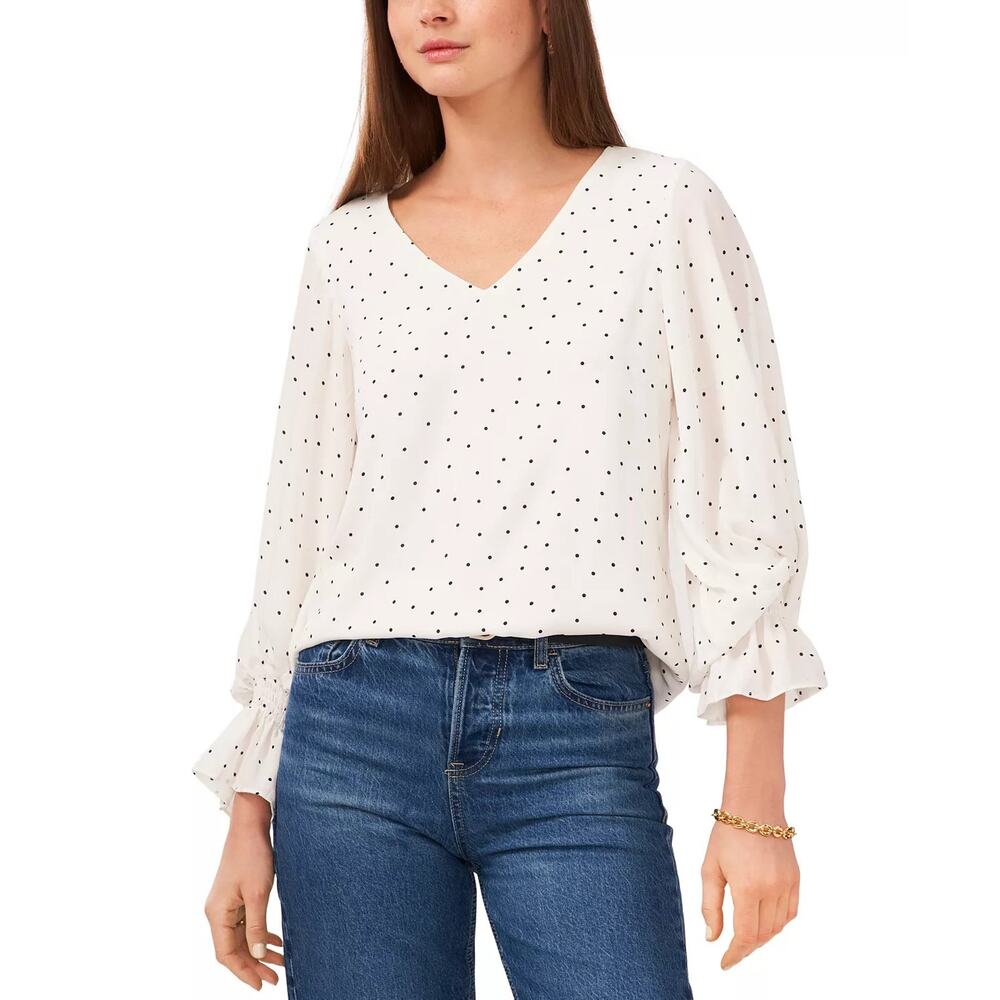 Vince Camuto Women White Dotted Long Sleeve Smocked Cuff V-Neck Blouse Size S